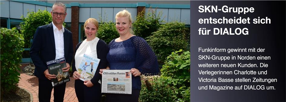 SKN-Gruppe stellt Zeitungen und Magazine auf DIALOG um Die Verleger-Geschwister Charlotte und Victoria Basse (von rechts) haben mit Funkinform-Geschäftsführer Jens Seidel anspruchsvolle Ziele hinsichtlich des Zeitplans vereinbart.